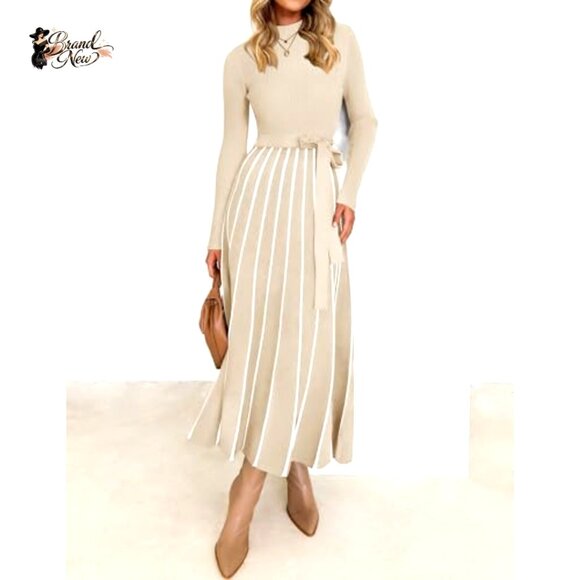 Turtleneck Long Sleeve Sweater Dress Tie Waist Loose Ribbed Knit Midi - Picture 2 of 7